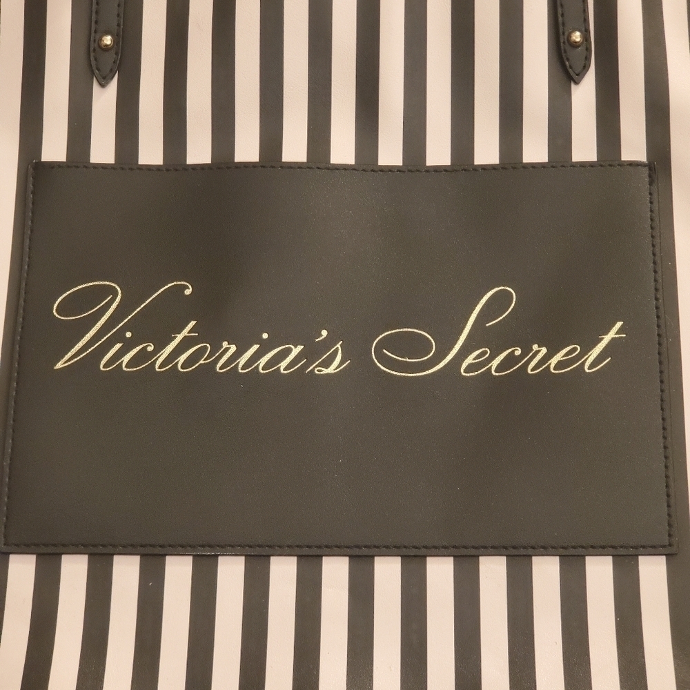 VICTORIA'S SECRET LARGE BLUSH PINK & BLACK STRIPED SHOPPER TOTE BAG #5 - Picture 2 of 10